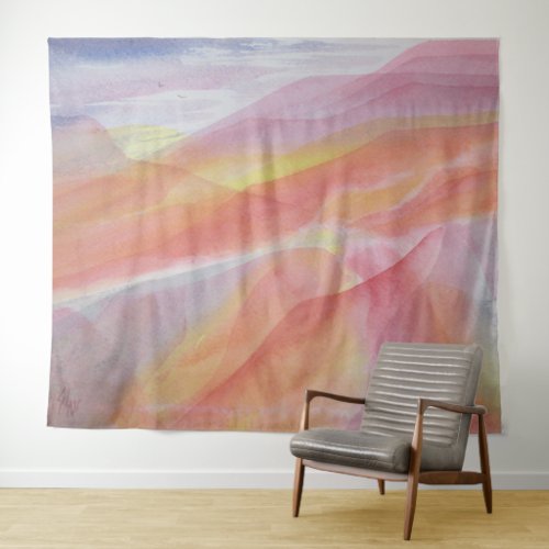 Red Mountain Sun Watercolor Print Tapestry