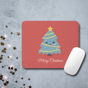 Red Mouse Pad with Kawaii Christmas Tree