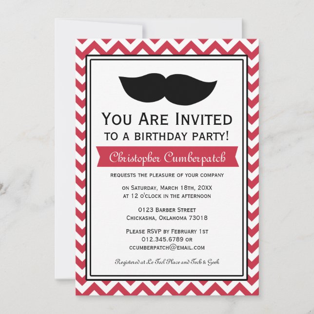 Red Moustache Chevron Birthday Party Invitation (Front)