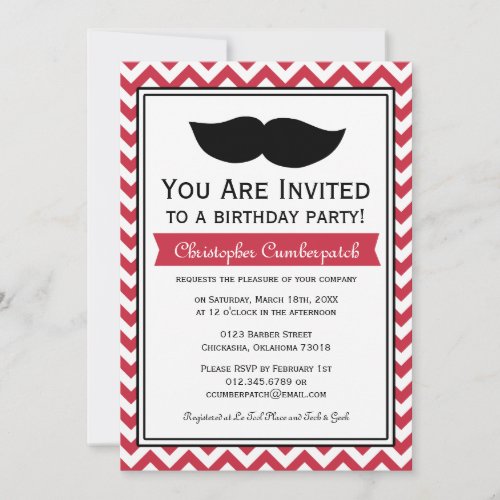 Red Moustache Chevron Birthday Party Custom Invite