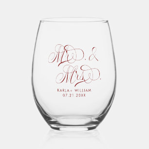 Red Mr. and Mrs. Elegant Script Typography Stemless Wine Glass