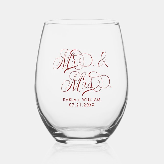 Red Mr. and Mrs. Elegant Script Typography Stemless Wine Glass (Front)