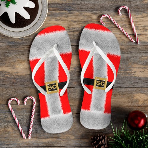 Red Mrs Santa Costume Funny Christmas in July Flip Flops