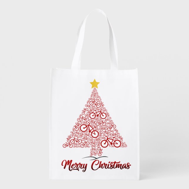 Red Mtb Bicycle Christmas Tree Merry Christmas Grocery Bag (Back)