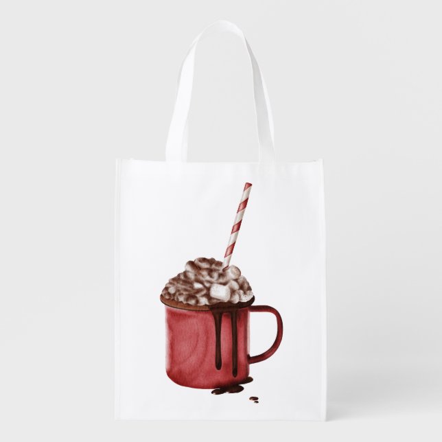 red mug of hot chocolate with whipped cream grocery bag (Front)