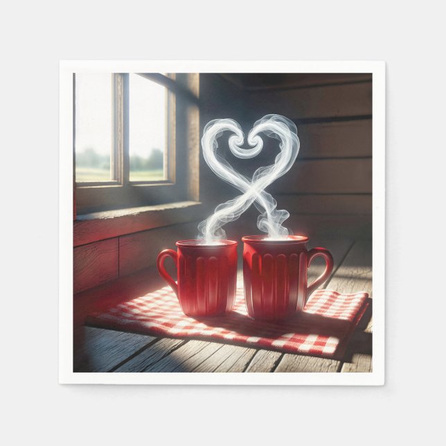 Red Mugs With Steamy Heart Connection Napkins (Front)