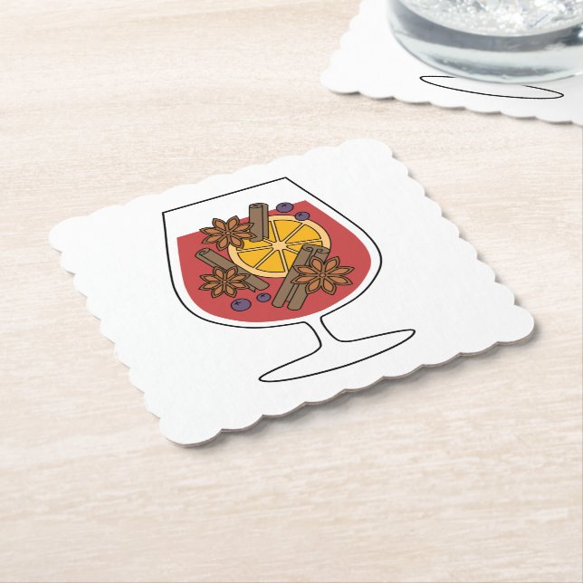 Red mulled wine with spices cocktail drawing paper coaster (Angled)