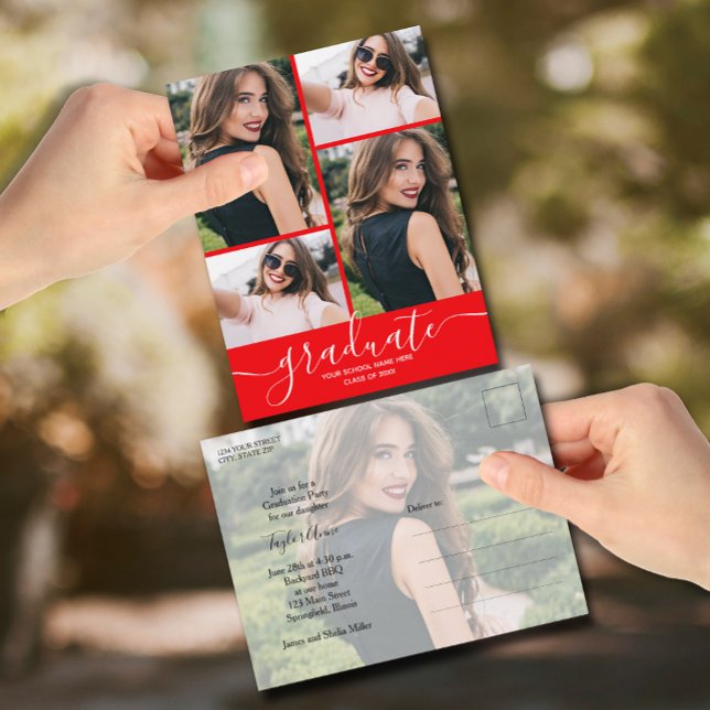 Red Multi Photo Graduation Party Invitation Postcard (Red graduation party invitation postcards feature your favorite photos and details on the back.)