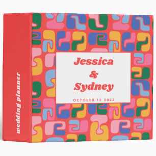 Red Multicolor Retro Groovy Personalized Wedding 3 Ring Binder