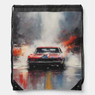 Red Muscle Car head on Drawstring Bag