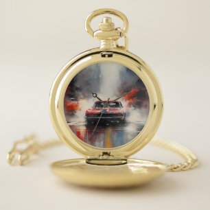 Red Muscle Car head on Pocket Watch