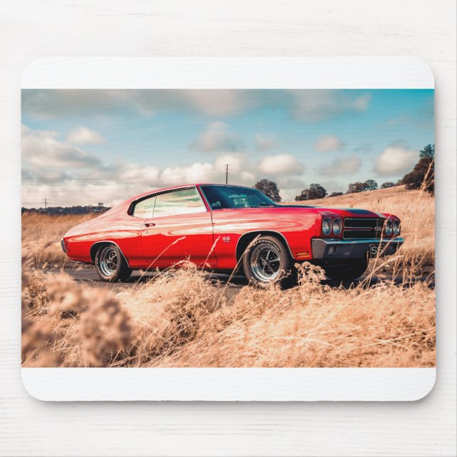 Red Muscle Car in grass. Mouse Pad (Front)
