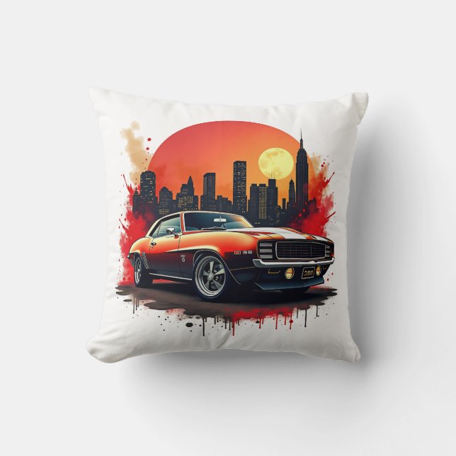 Red Muscle Car with Urban Skyline Accent Throw Pillow (Front)