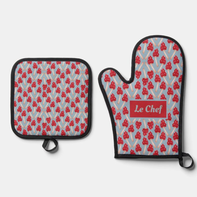 Red Mushroom - Blue & Red Oven Mitt & Pot Holder Set (Front)