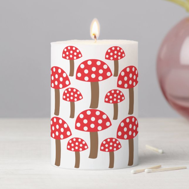 Red Mushroom Cute Botanical Pattern  Pillar Candle (In Situ)