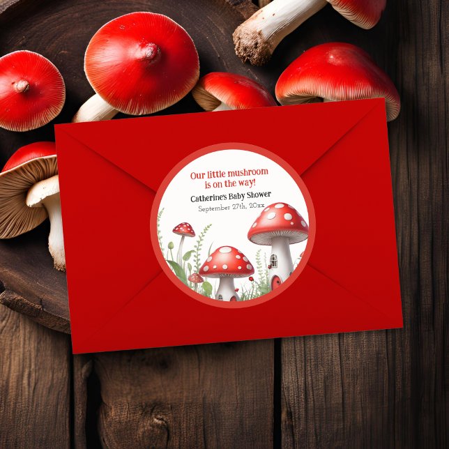 Red Mushroom Fungi Woodland Baby Shower Classic Round Sticker (Creator Uploaded)