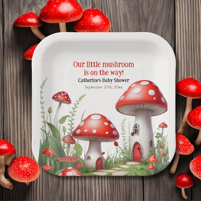 Red Mushroom Fungi Woodland Baby Shower Paper Plates (Creator Uploaded)