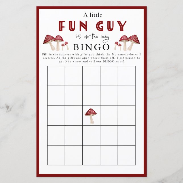 Red Mushroom Little Fun Guy BINGO Baby Shower Game (Front)