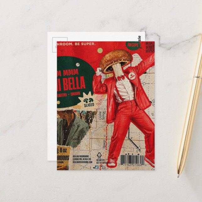 Red Mushroom Man and Map With Retro Images Collage Postcard (Front/Back In Situ)