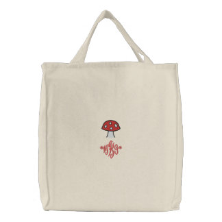 Red Mushroom Monogram Embroidered Tote Bag