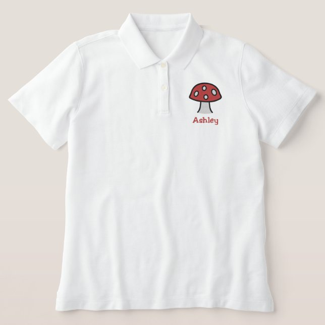 Red Mushroom Name Embroidered Polo Shirt (Design Front)