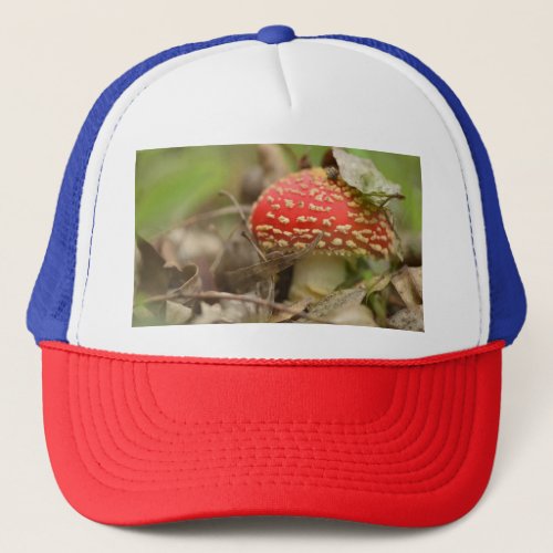 red mushroom trucker hat