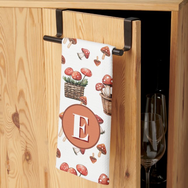 Red Mushrooms Pattern Monogram Initial Kitchen Towel (Thirds Fold)