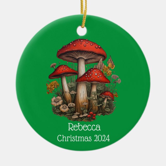 Red Mushrooms Personalized Christmas Ornament (Front)