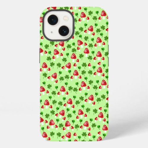 Red Mushrooms with Green Shamrocks 4 Leaf Clovers iPhone 13 Case