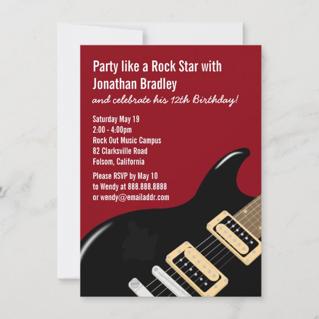 Red Music Guitar Rock Star Birthday Invitation (Front)