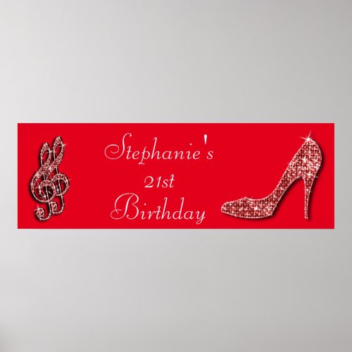Red Music Note and Stiletto 21st Birthday Poster
