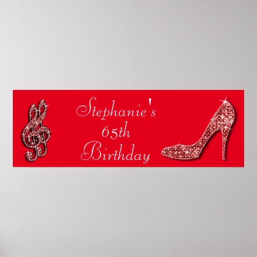 Red Music Note and Stiletto 65th Birthday Poster