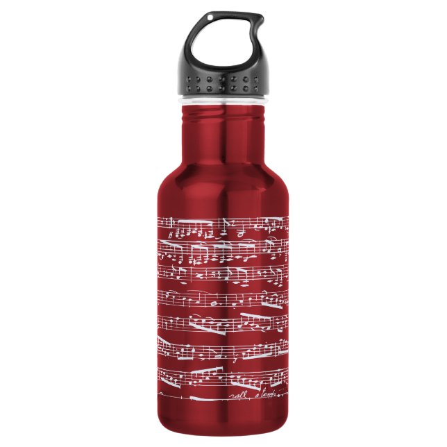 Red music notes stainless steel water bottle (Front)