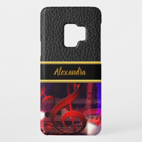 Red music notes with leather and a gold Monogram Case_Mate Samsung Galaxy S9 Case