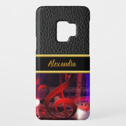 Red music notes with leather and a gold Monogram Case-Mate Samsung Galaxy S9 Case