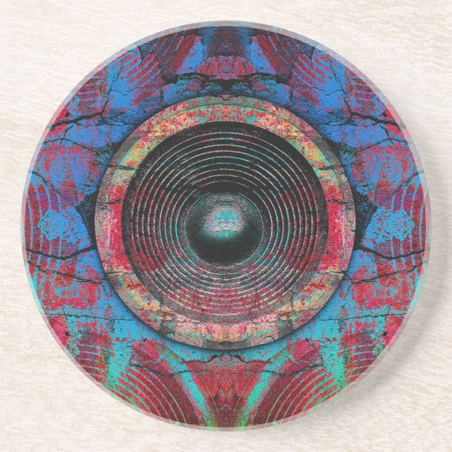 Red music speakers on a cracked wall sandstone coaster (Front)