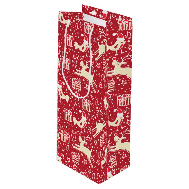 Red musical bird & reindeer Christmas gift bag (Front Angled)