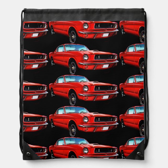 Red Mustangs on Black Drawstring Bag (Front)