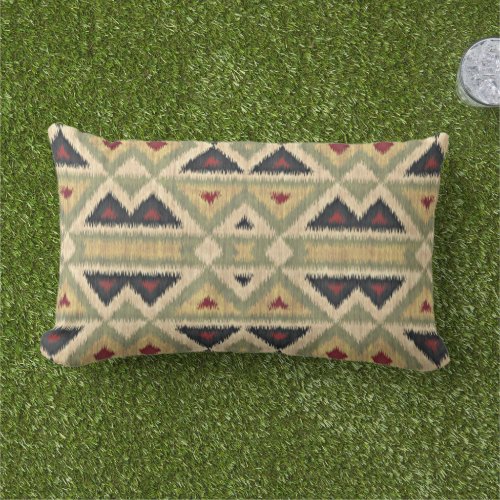 Red Mustard Yellow Olive Green Ikat Tribal Art Lumbar Pillow