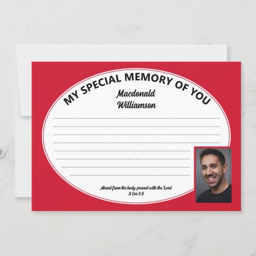 Red MY SPECIAL MEMORY OF YOU Photo Condolence Card