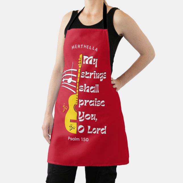 Red MY STRINGS SHALL PRAISE YOU Christian Apron (Insitu)