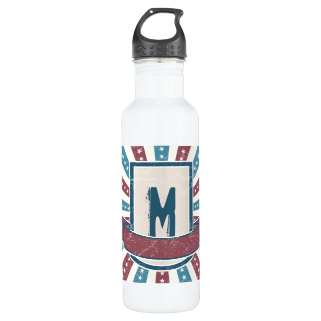 Red n Blue Grunge Monogram Stainless Steel Water Bottle (Front)