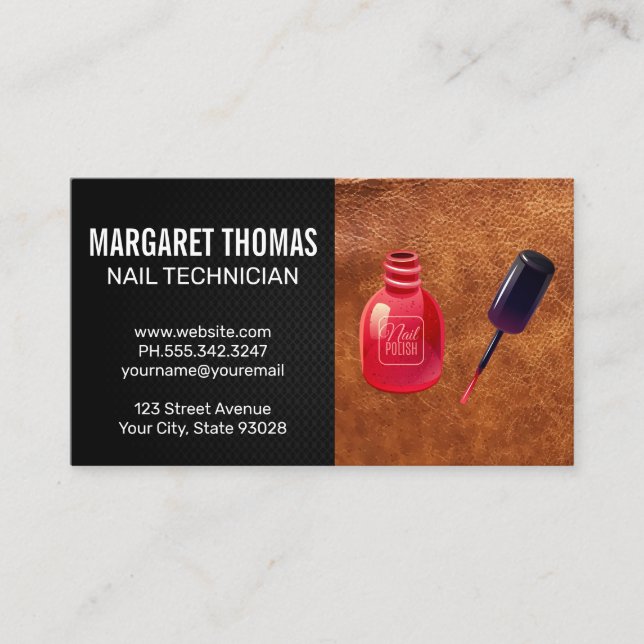 Red Nail Polish Bottle and Brush | Leather Business Card (Front)
