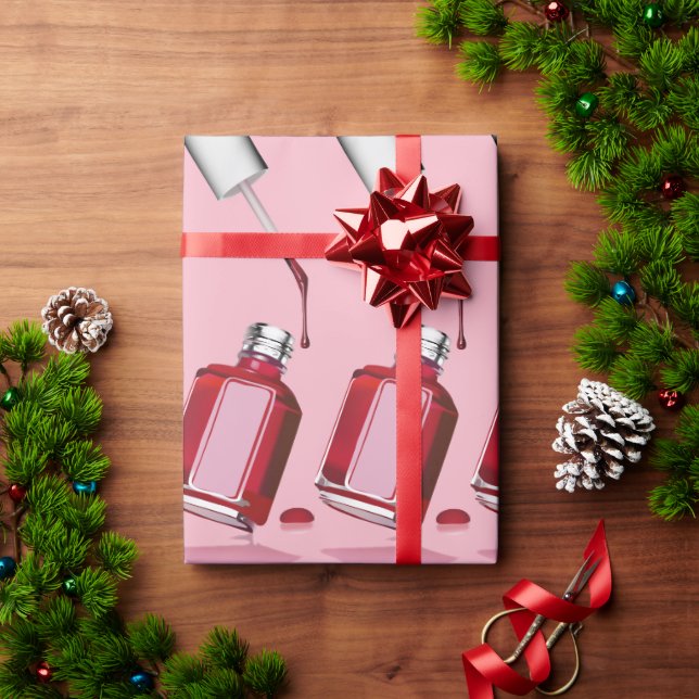 Red Nail Polish Bottle, Pink Wrapping Paper (Holiday Gift)