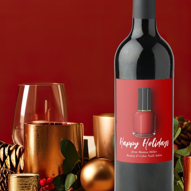 Red Nail Polish Happy Holidays Custom Beauty Salon Wine Label (Creator Uploaded)