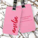 Red name bold script colorful pink luggage tag<br><div class="desc">Luggage tag featuring your name in bold,  red script on a pink background. All colors are customizable.</div>