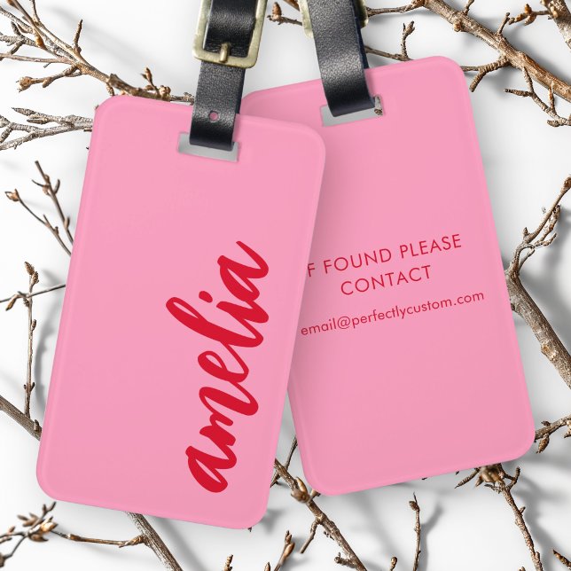 Red name bold script colorful pink luggage tag (Red name bold colorful pink luggage tag)