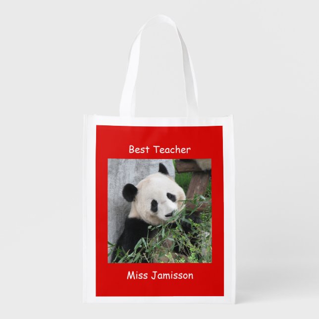 Red, Name, Giant Panda, Best Teacher Reusable Grocery Bag (Front)