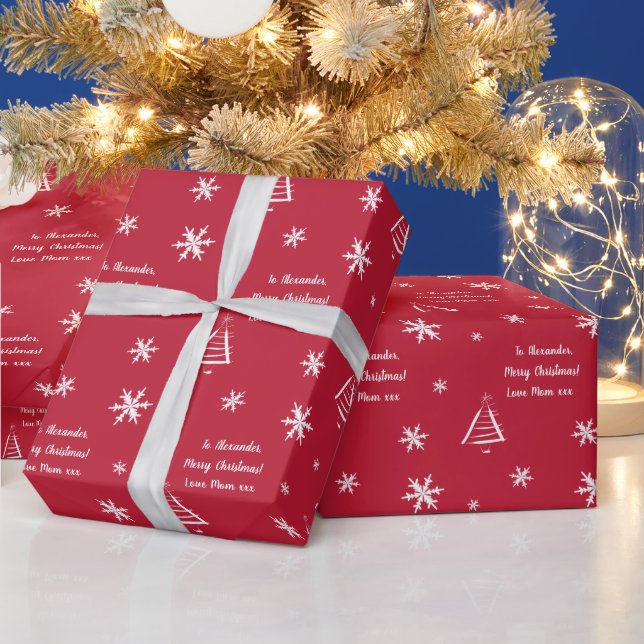 Red Name Merry Christmas From Mom Wrapping Paper (Holidays)