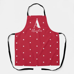 Red Name  Monogram Polka Dots Pattern Apron